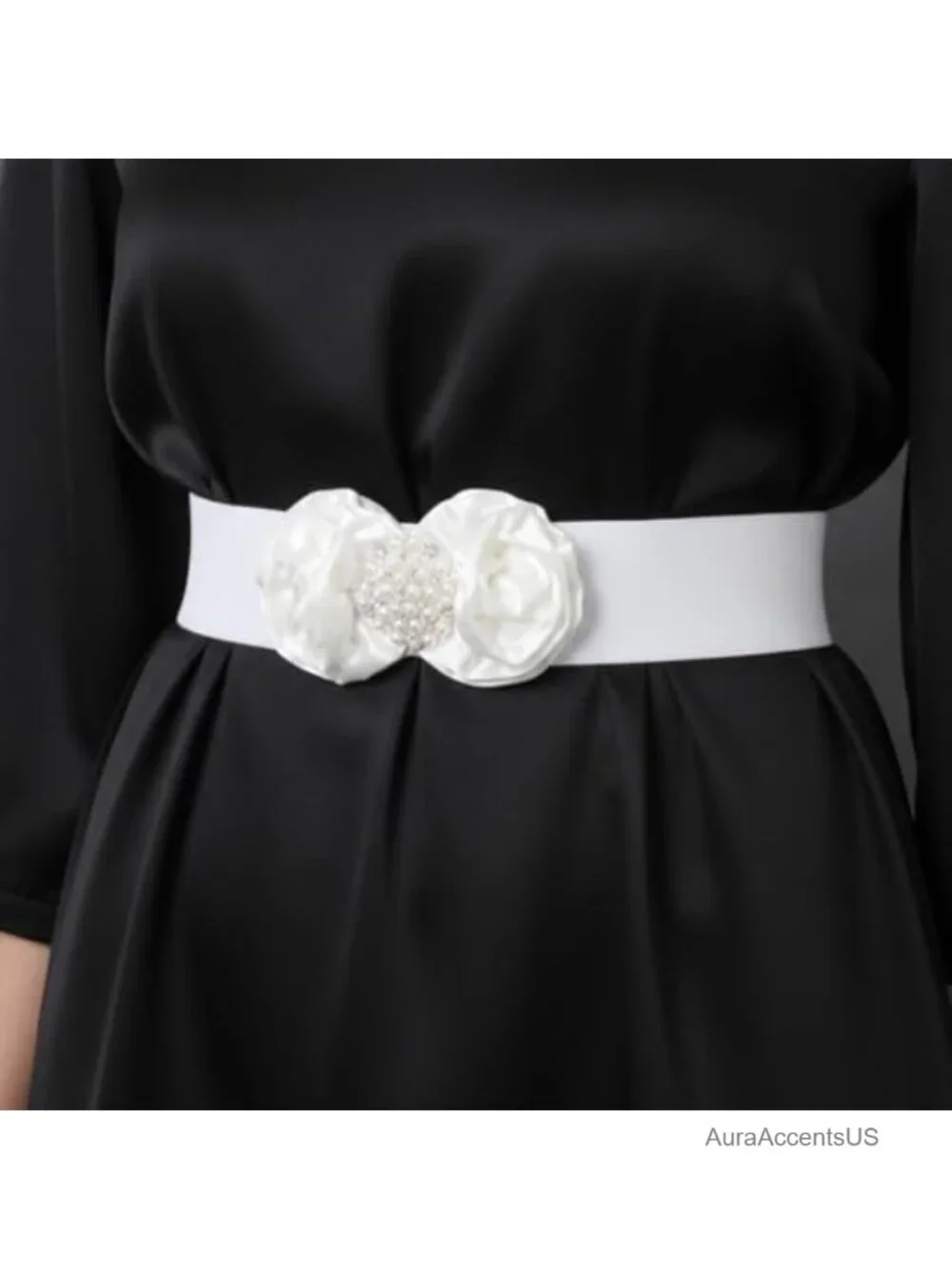 Wide Stretchy Belt with Pearl Flower Detail Elastic Formal Waist Belt